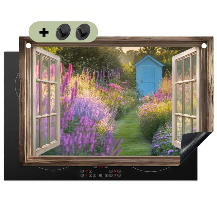 Doorkijk - Bloemen - Raam - Natuur Inductie beschemer met haakjes klein -3d