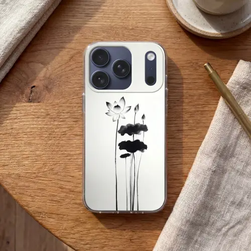 Bladeren - Zwart - Lotusbloem - Minimalitisch Telefoonhoesje iPhone 17 Pro klein -sfeer1