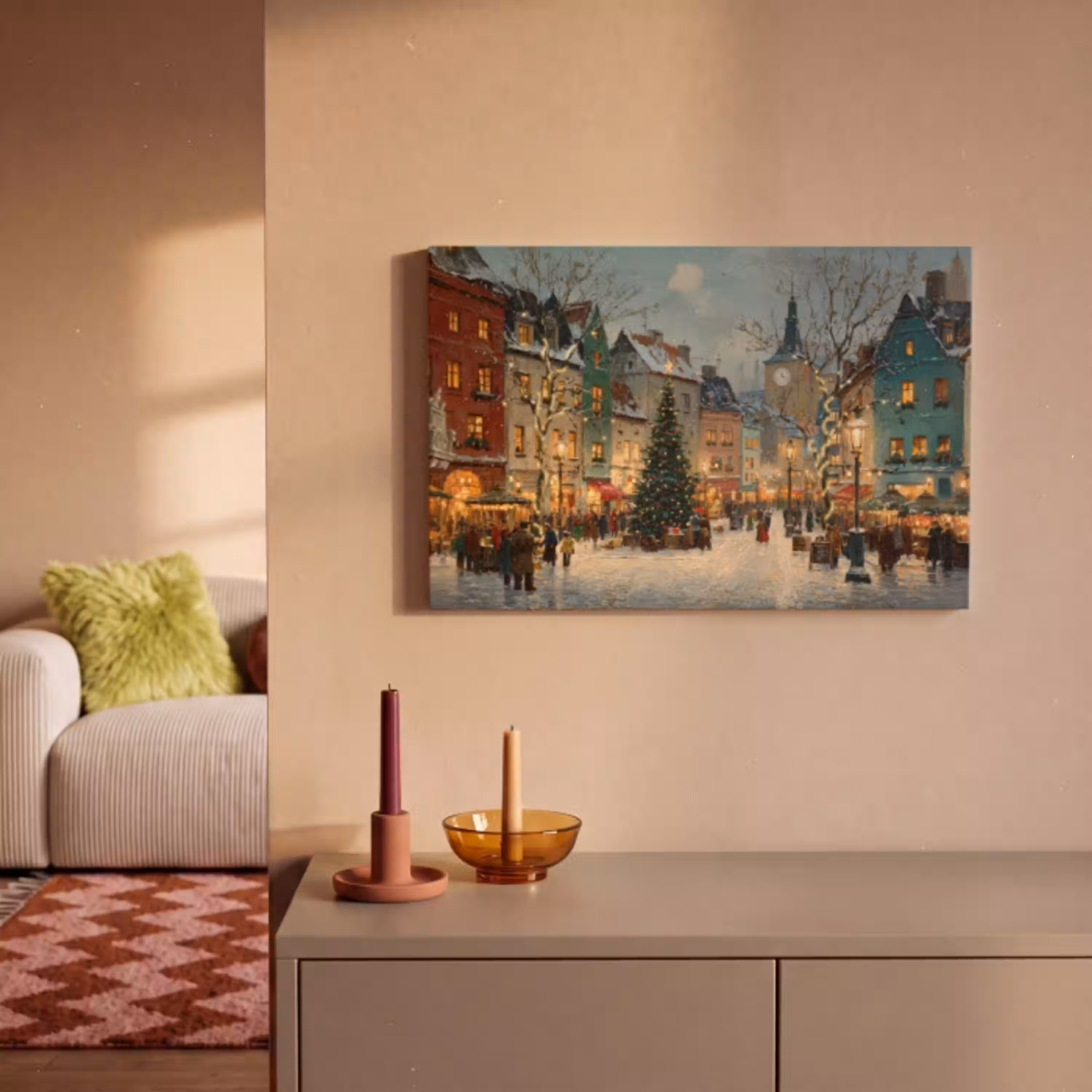 Kerstsfeer - Stadsplein - Kleurrijk canvas 2cm klein -sfeer1
