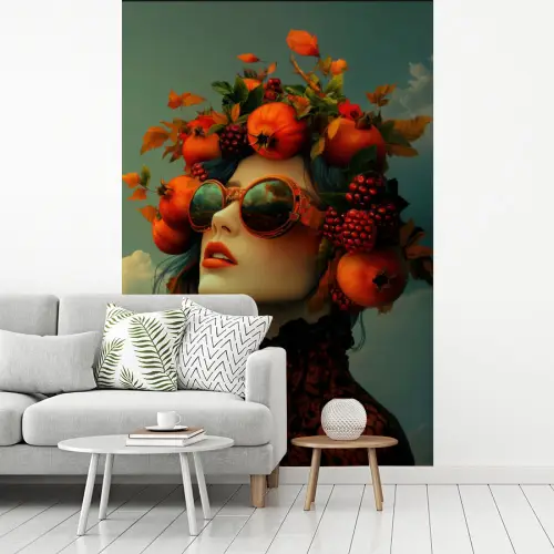Vrouw - Granaatappel - Herfst - Zonnebril fotobehang vinyl groot -woonkamer