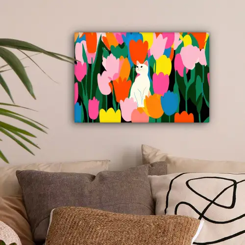 Tulpen - Kat - Kleurrijk canvas 2cm klein -sfeer1