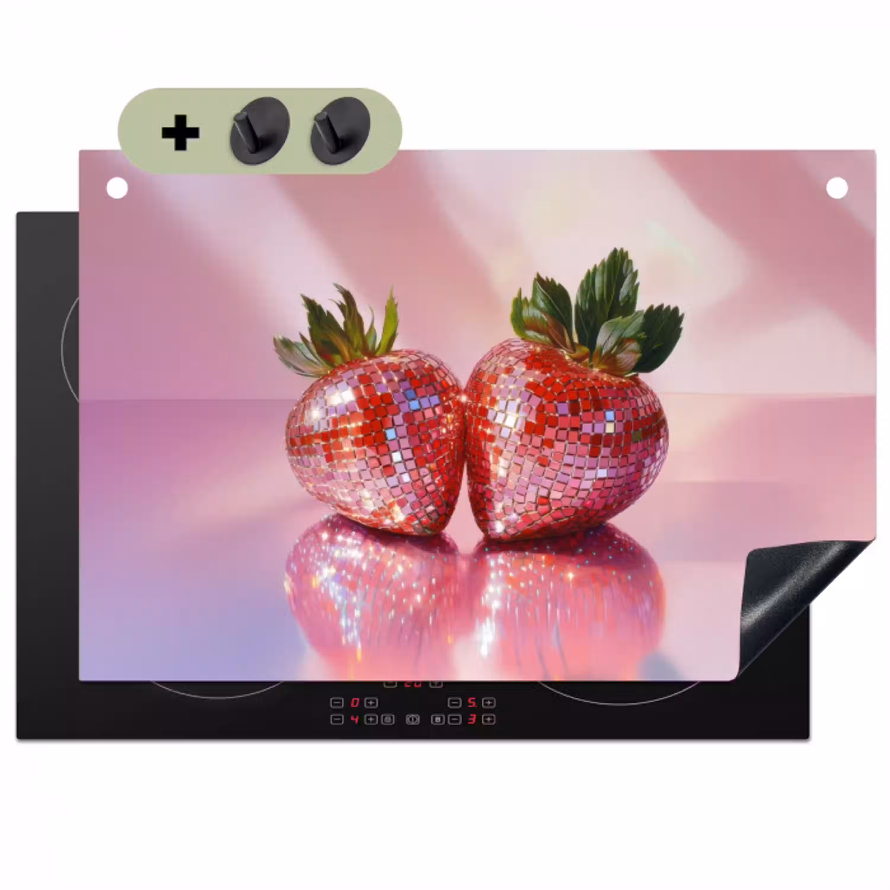 Disco - Fruit - Glitter - Strawberry Inductie beschemer met haakjes klein -3d