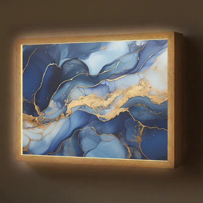 Marmer - Blauw - Goud - Abstract Light Box met batterij (Wandlamp) middel -z3d_website