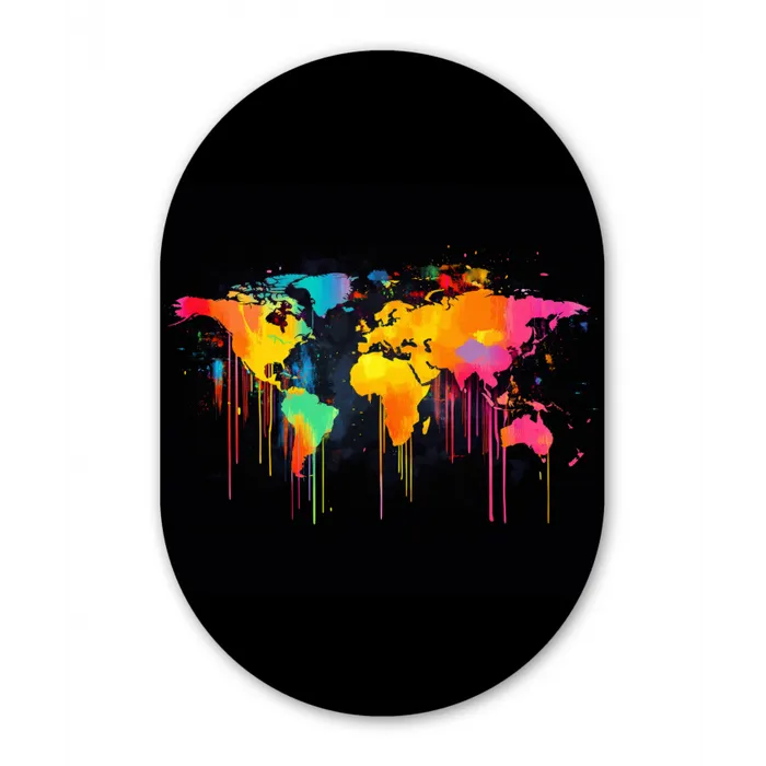 Wereldkaart - Verf - Kleurrijk - Graffiti - Wereld Wandcirkel Ovaal Glas middel -3d