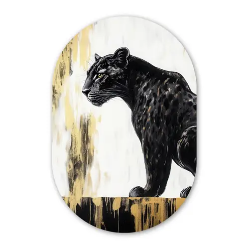 Panter - Zwart - Abstract - Goud Wandcirkel Ovaal Forex klein -3d