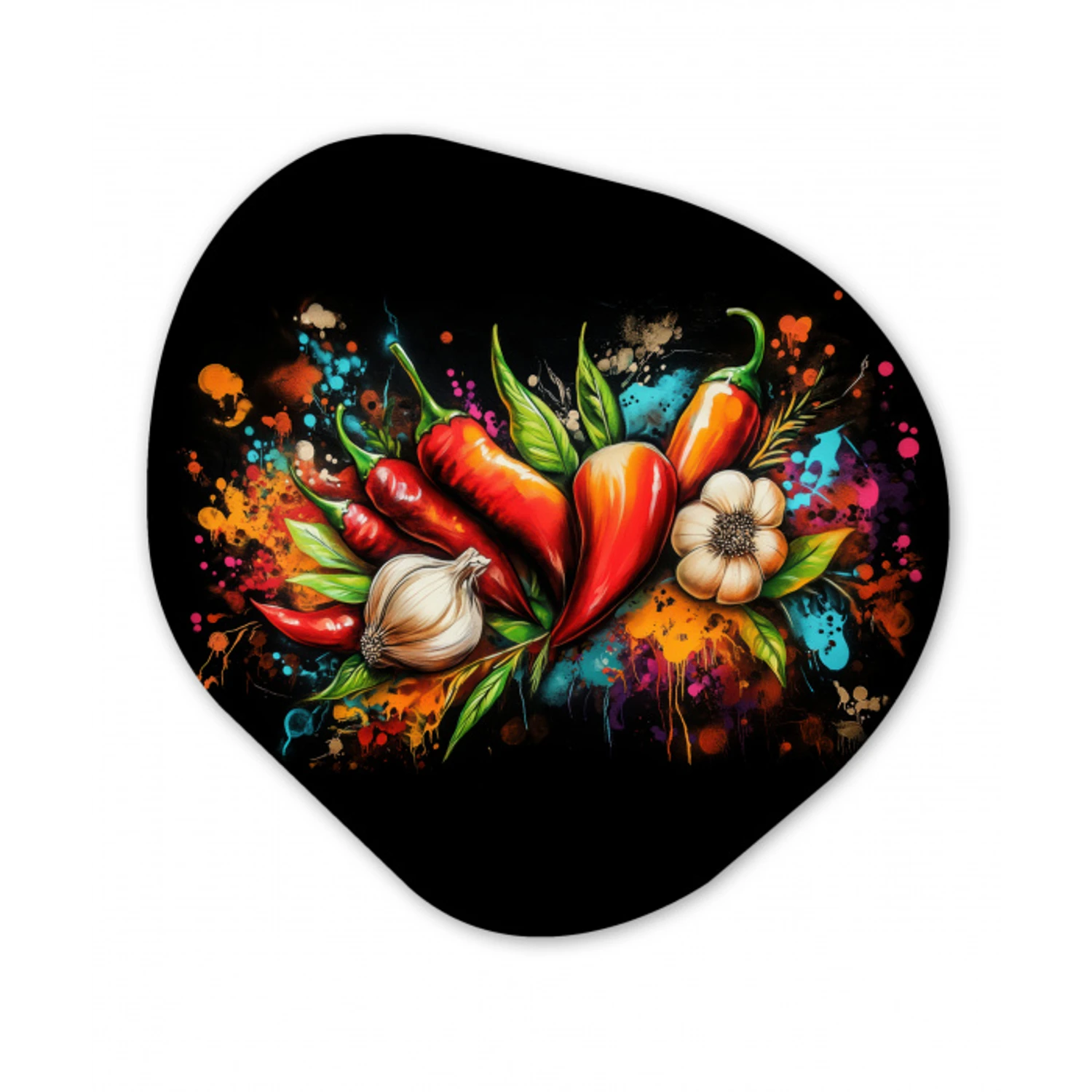 Groente - Peper - Knoflook - Graffiti - Verf - Kleurrijk Wandcirkel Organisch Plexiglas middel -3d