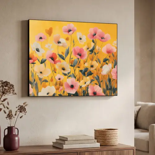 Bloemen - Veld - Geel Textielframe zwart klein -sfeer3