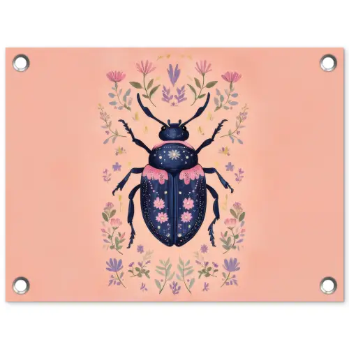 Kever - Donkerblauw - Bloemen - Sierlijk tuinposter los doek klein -3d