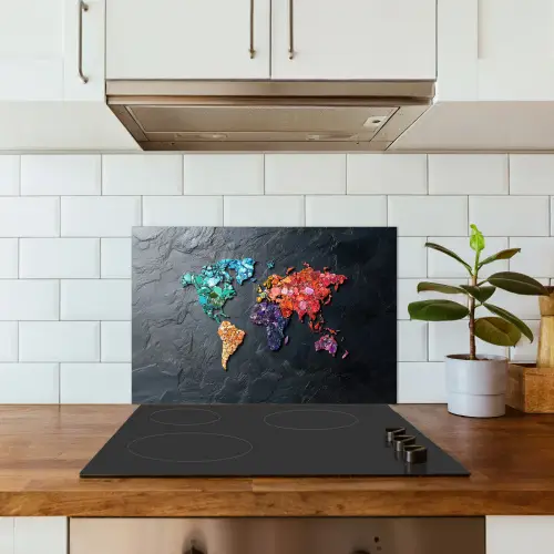 Wereldkaart - Edelstenen - Regenboog - Ruw keuken achterwand spatscherm klein -sfeer2