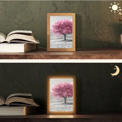 Boom - Natuur - Roze - Zwart wit Light Box met kabel (Tafellamp) klein -sfeer3