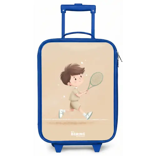 Jongen speelt tennis op zandkleurige achtergrond Kinderkoffer - Blauw klein -zz3dotto