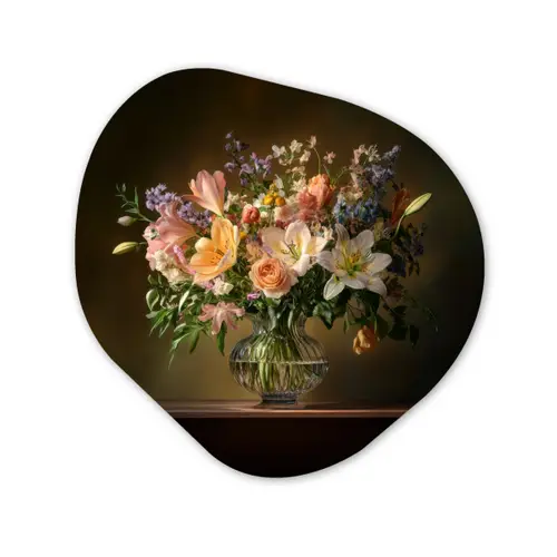 Glazen - Bloemen - Boeket - Kleuren Wandcirkel Organisch Plexiglas middel -3d