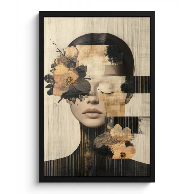 Poster met lijst - Gezicht - Bloemen - Zwart - Vrouw