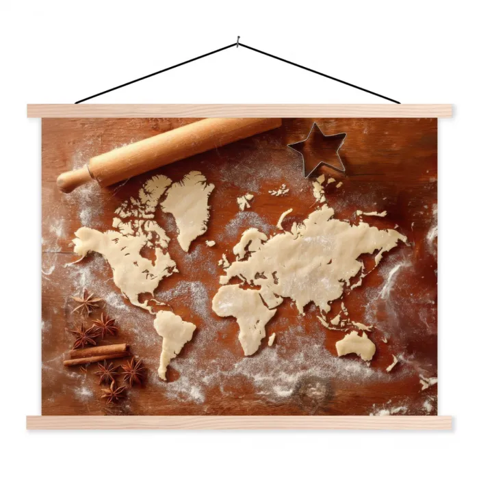 Wereldkaart - Koekjesdeeg - Warme baksfeer textielposter latten blank klein -3d