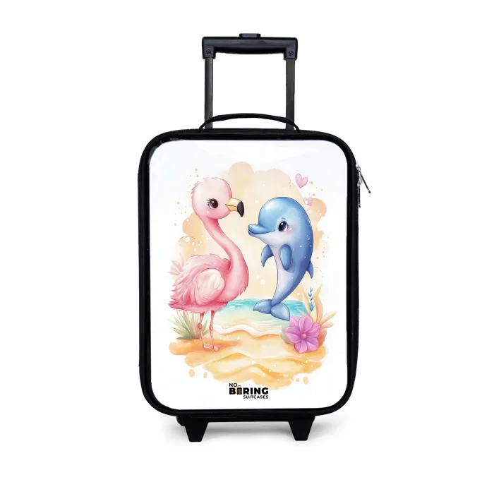 Roze flamingo en blauwe dolfijn op een strand Kinderkoffer - Zwart klein -3d