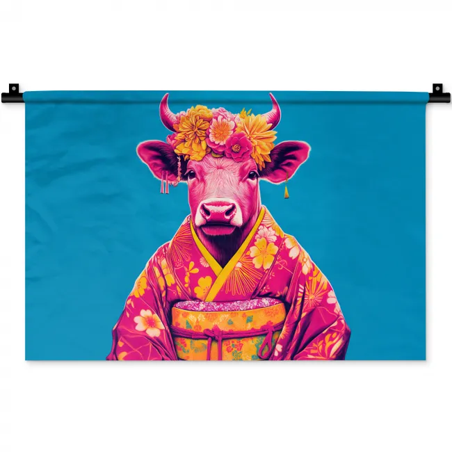 Koe - Bloemenkrans - Oorhangers - Kimono Wandkleed katoen klein -zz3d