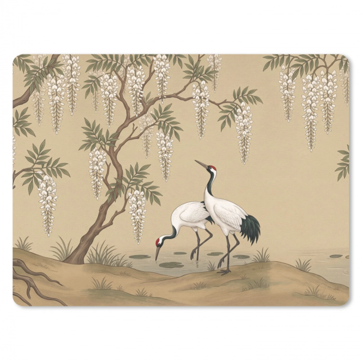 Kraanvogels - Water - Beige muismat rubber klein -3d
