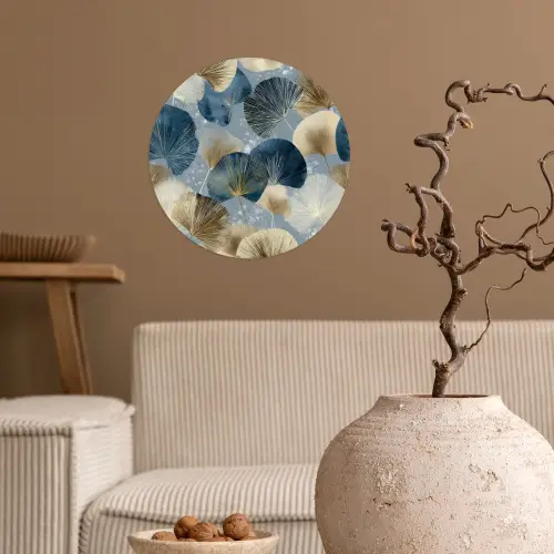 Bladeren - Abstract - Goud - Blauw Wandcirkel behangsticker klein -sfeer1