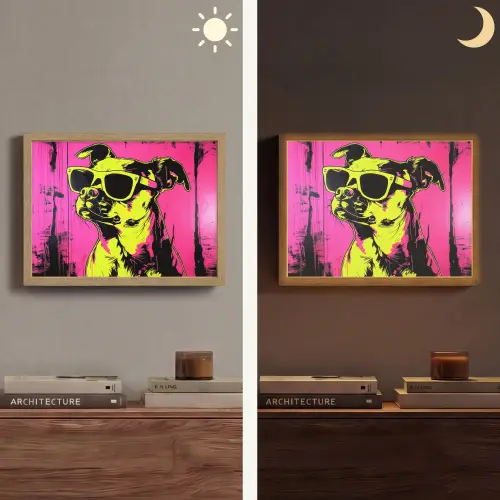 Hond - Zonnebril - Roze - Art Light Box met batterij (Wandlamp) middel -sfeer3