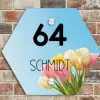 Gekleurde tulpen lucht - Modern Naambord Hexagon klein -sfeer2