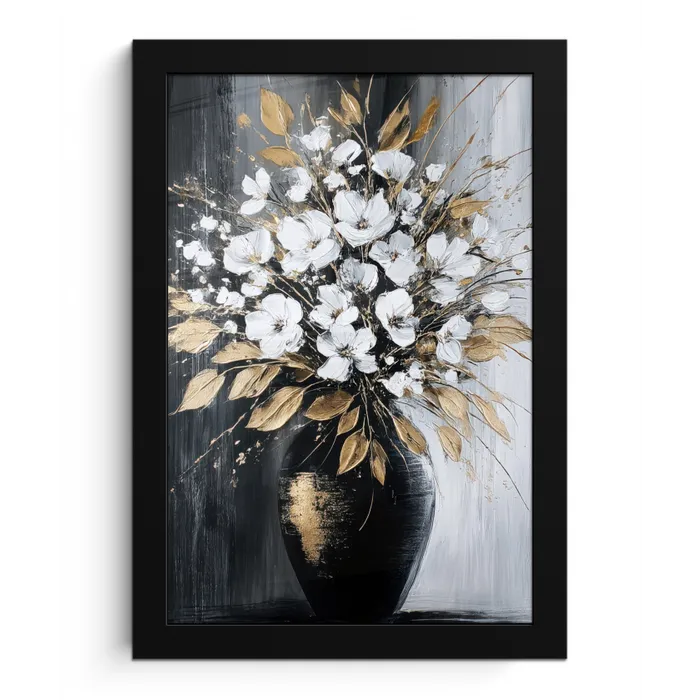 Bloemen - Wit - Vaas - Abstract fotolijst zwart zonder passe partout klein -3d