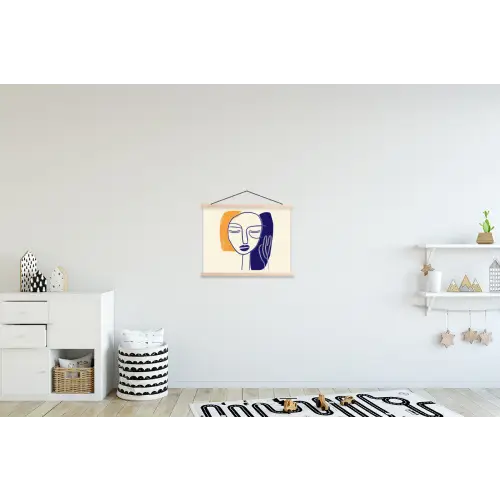 Minimalistisch - Gezicht - Hand - Oranje - Blauw textielposter latten blank klein -kinderkamer