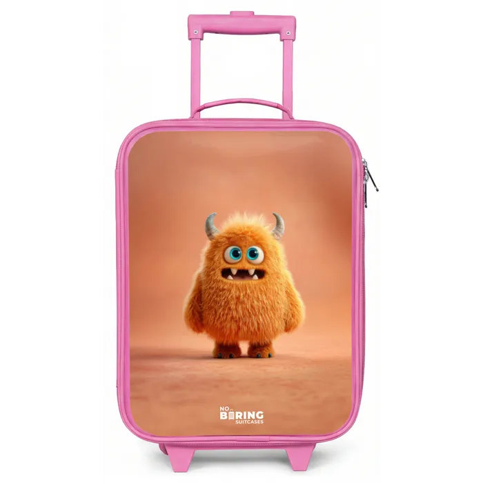 Oranje Pluizig Monster met Hoorns Kinderkoffer - Roze klein -zz3dotto