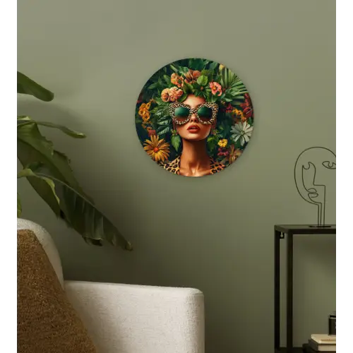 Vrouw - Panterprint - Jungle - Natuur - Luxe Wandcirkel kunststof plaat 5mm dik klein -sfeer3