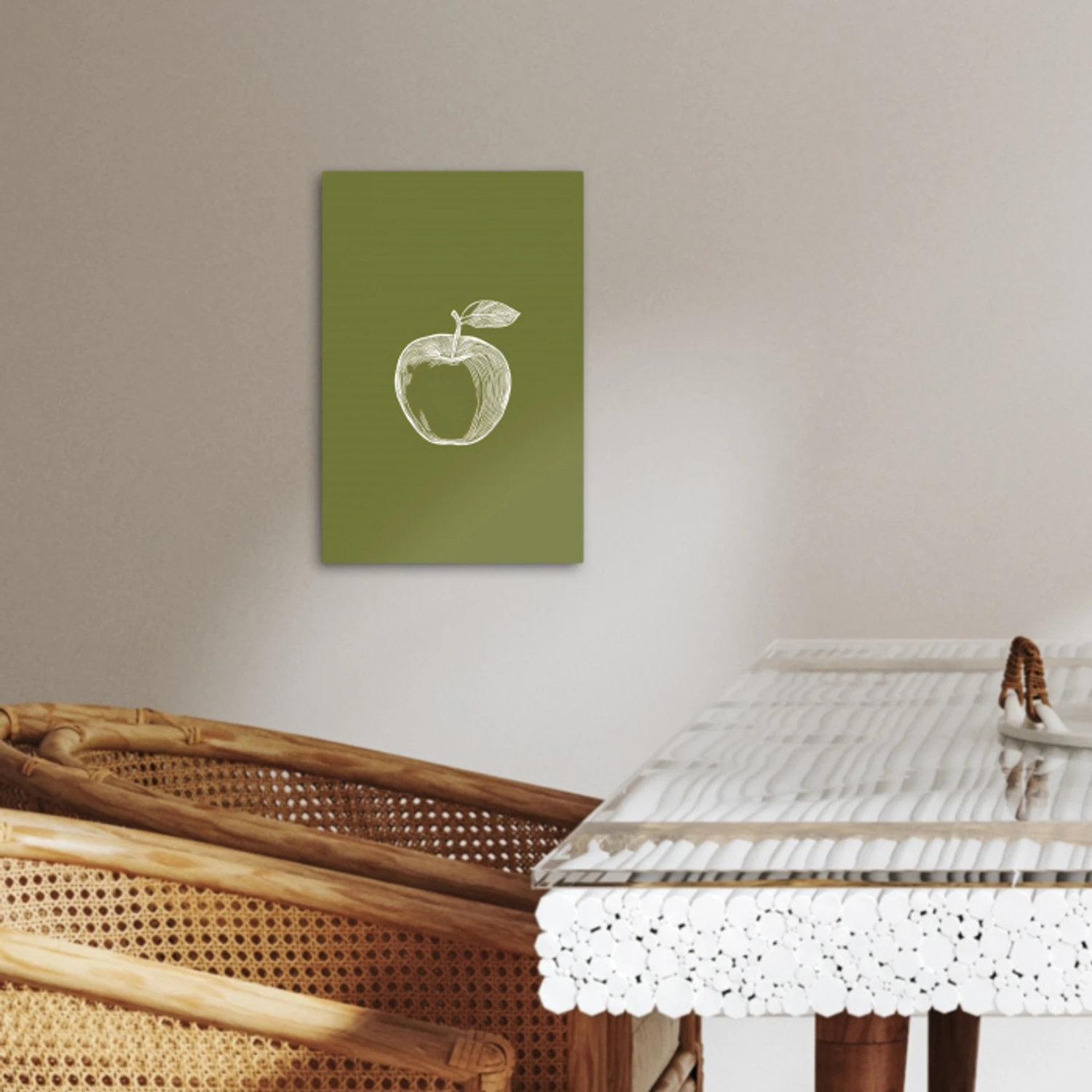 Lijntekening - Appel - Olijfgroen - Blaadje KitchenYeah - Keuken - Canvas klein -sfeer3