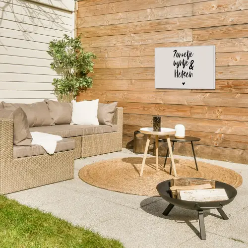 Tekst - Wijn - Zonnetje, wijntje & kletsen - Quotes Tuinposter op houten frame 2 cm dik klein -sfeer2