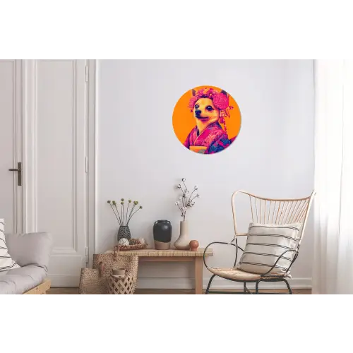 Kimono - Hondje - Bloemenkroon - Oranje Wandcirkel aluminium klein -woonkamer