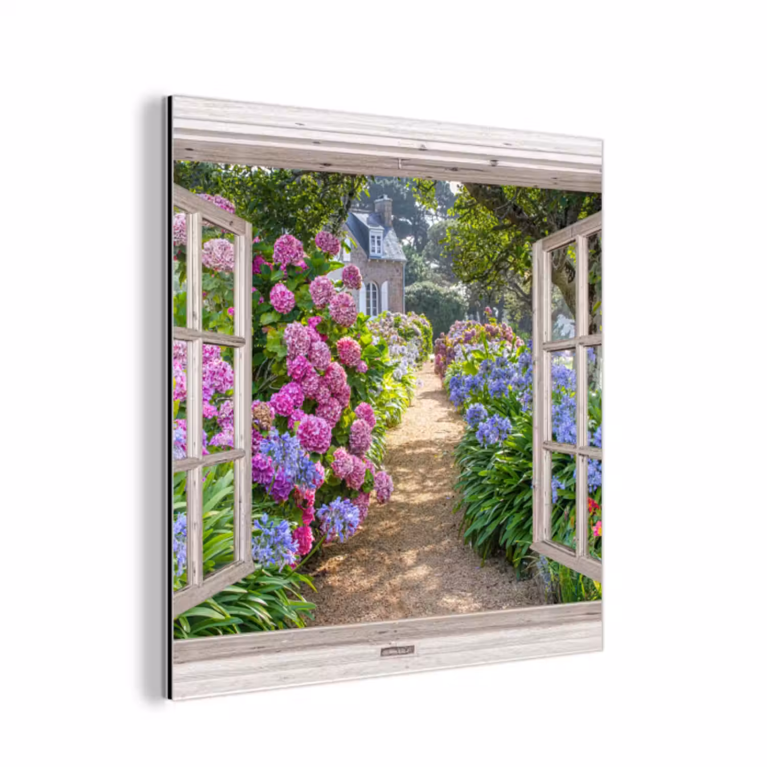 Aluminium schilderij - Hortensia - Doorkijk - Bloemen - Zomer - Paars - Pad