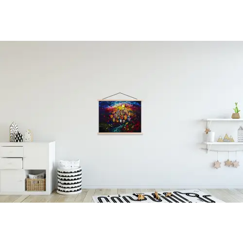 Stad - Maan - Mozaïek - Kleurrijk textielposter latten blank klein -kinderkamer