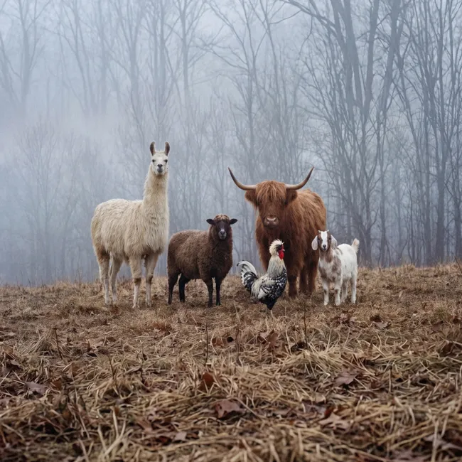 Behang - Boerderijdieren - Groep - Mist - Natuur - Rustiek