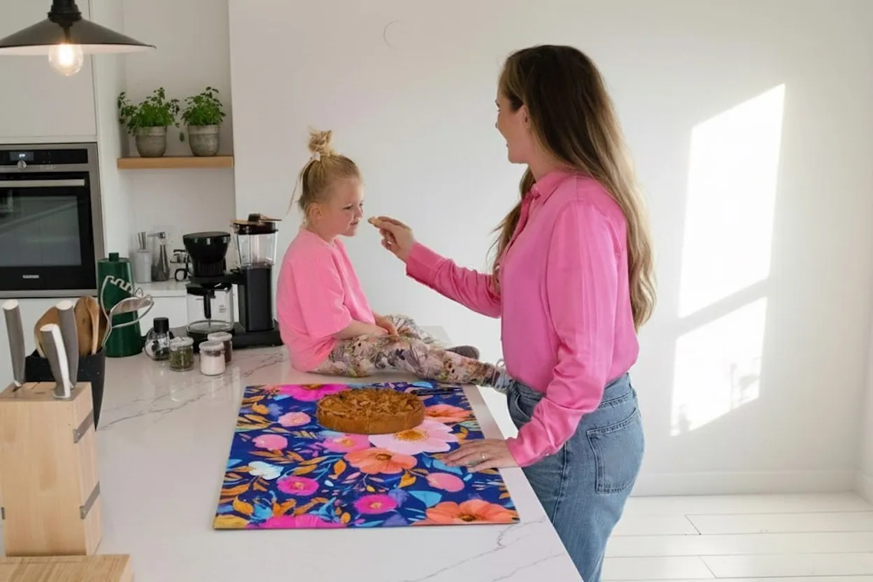 Moeder en dochter bij de keuken waar de inductiebeschermer wordt gebruikt als werkblad