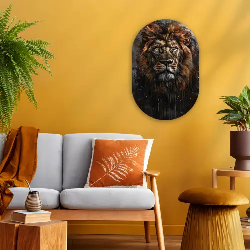 Leeuw - Dieren - Portret - Zwart - Luxe Wandcirkel Ovaal Forex klein -sfeer4