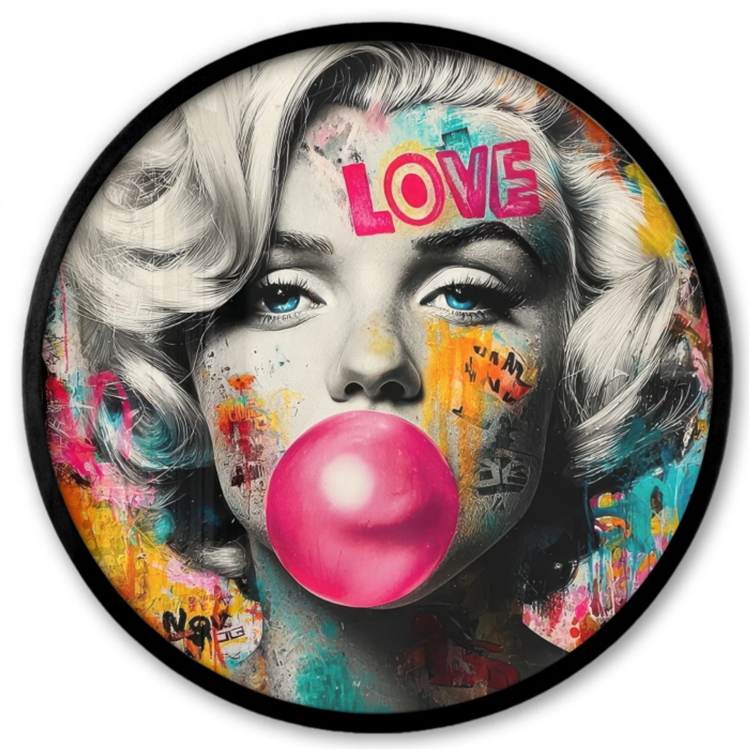 Vrouw - Kauwgom - Graffiti - Neonkleuren Fotolijst rond zonder passe partout klein -3d