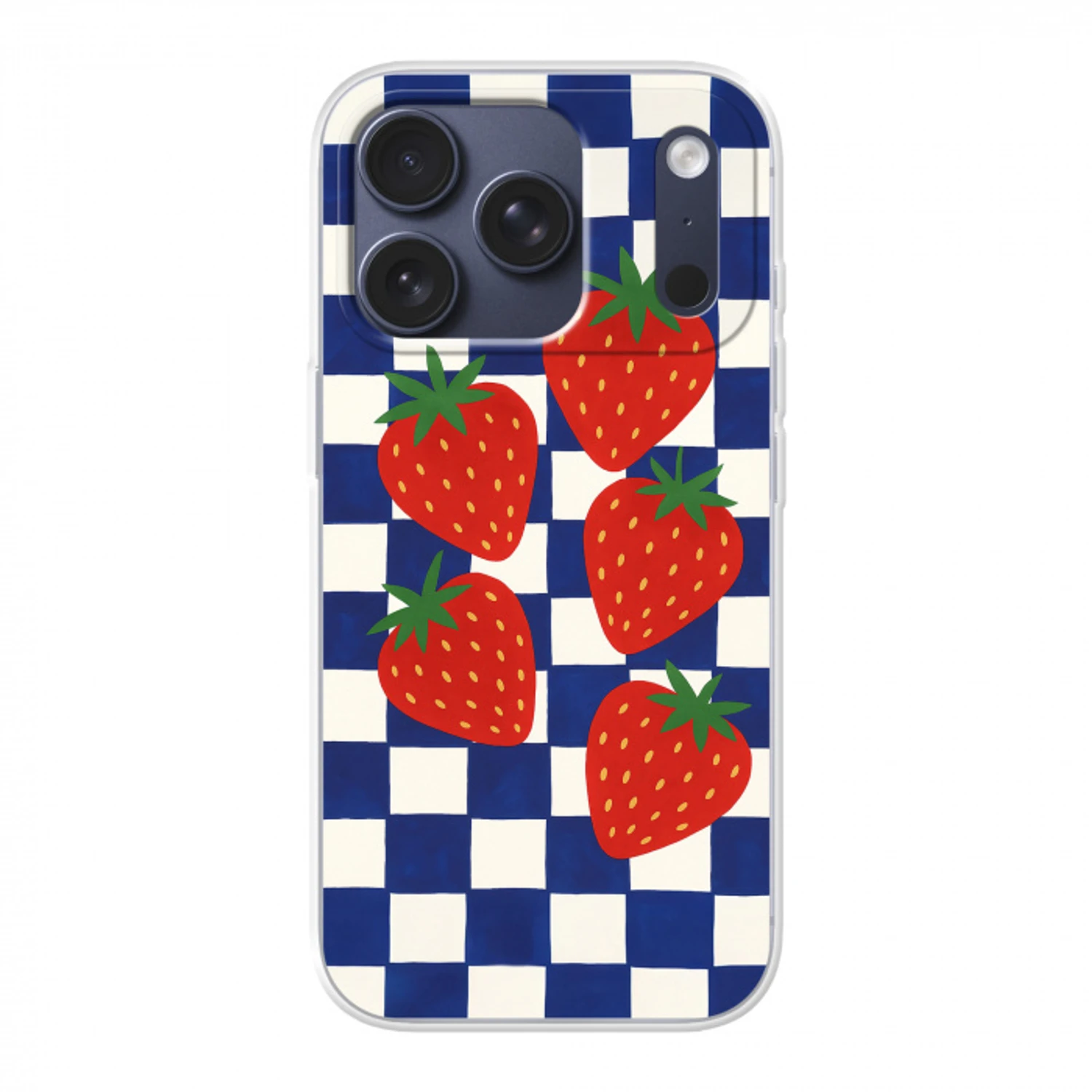 Geblokt - Blauw - Aardbeien Telefoonhoesje iPhone 17 Pro klein -3d