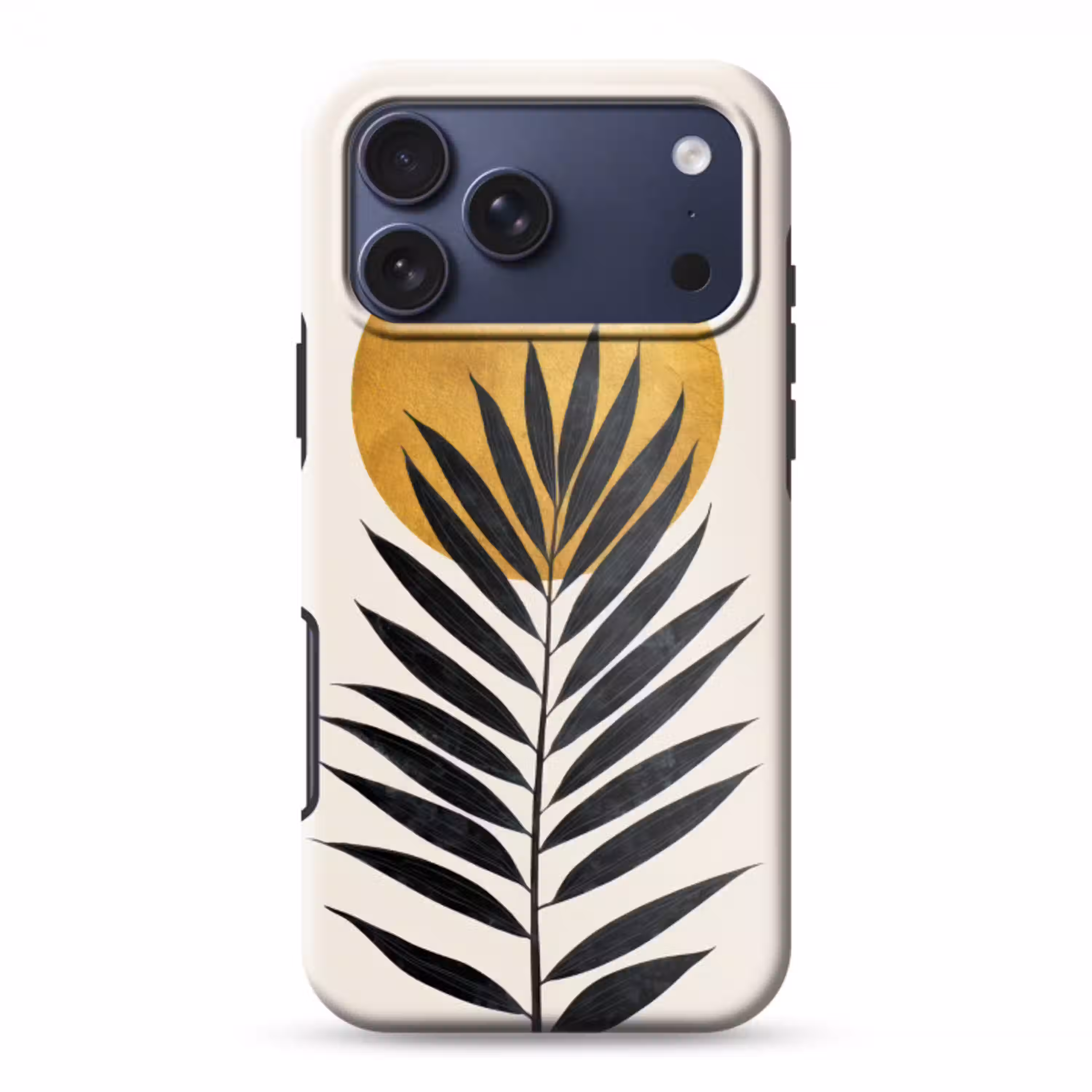 Zwart palmblad - Gouden cirkel - Beige achtergrond Toughcase MagSafe Apple iPhone 17 Pro Max klein -3d