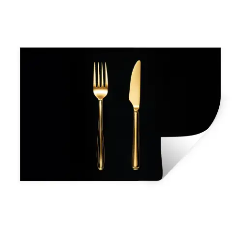 Bestek - Goud - Mes - Vork Muursticker klein -3d