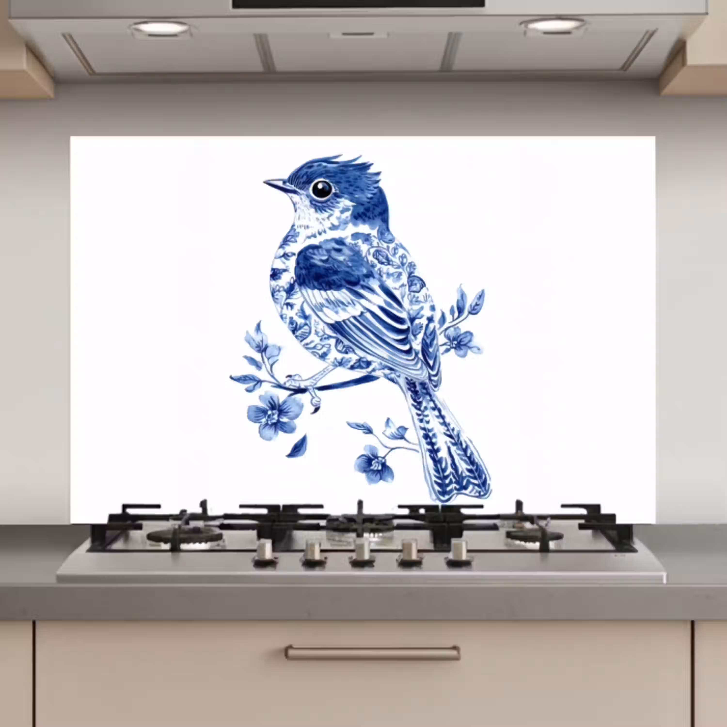 Vogel - Delfts blauw - Illustratie - Bloemen keuken achterwand spatscherm klein -3d_website