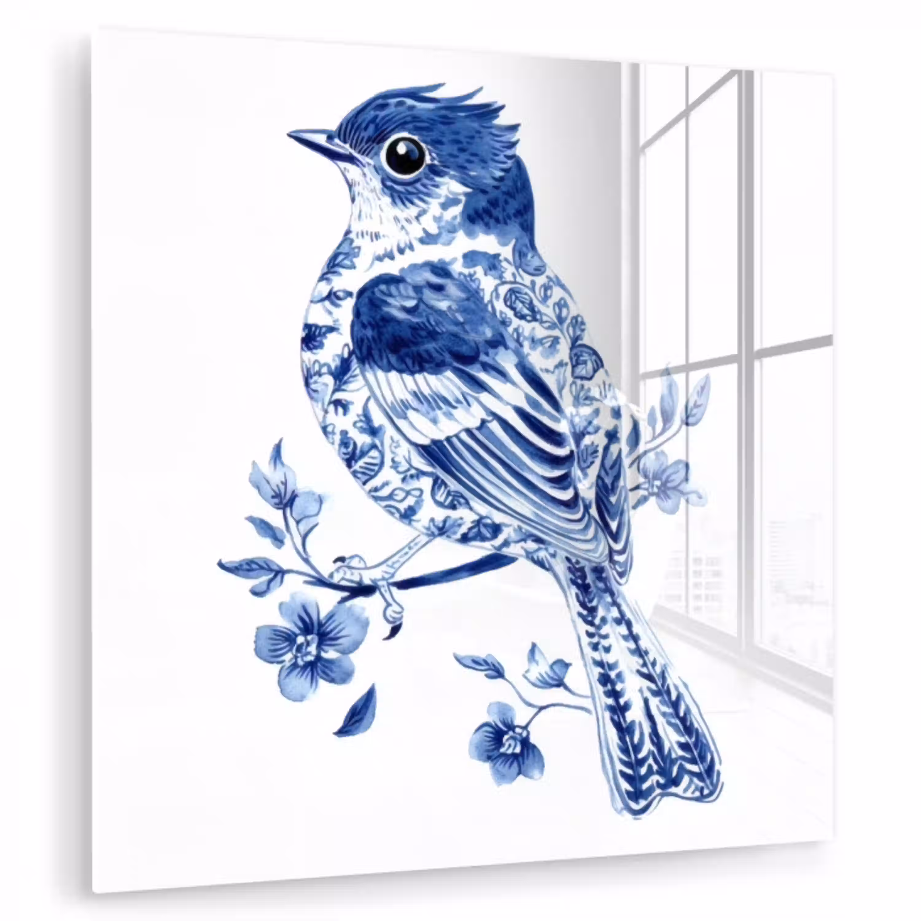 Vogel - Delfts blauw - Illustratie - Bloemen plexiglas 5mm klein -zzzproduct_nieuw