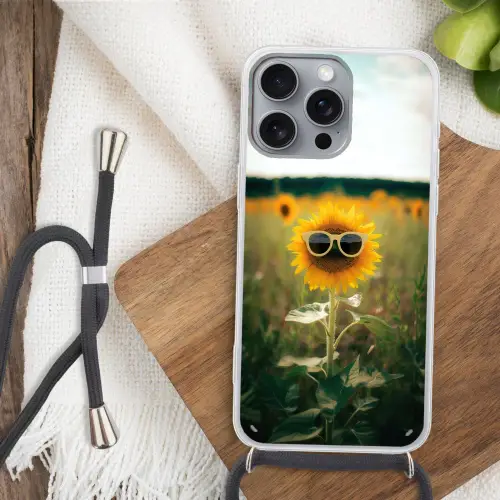 Zonnebloem - Veld - Zonnebril Hoesje iPhone 16 Pro Max met koord klein -sfeer4