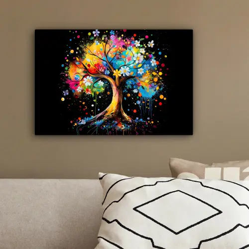 Boom - Kleurrijk - Bloemen - Zwart canvas 2cm klein -sfeer3