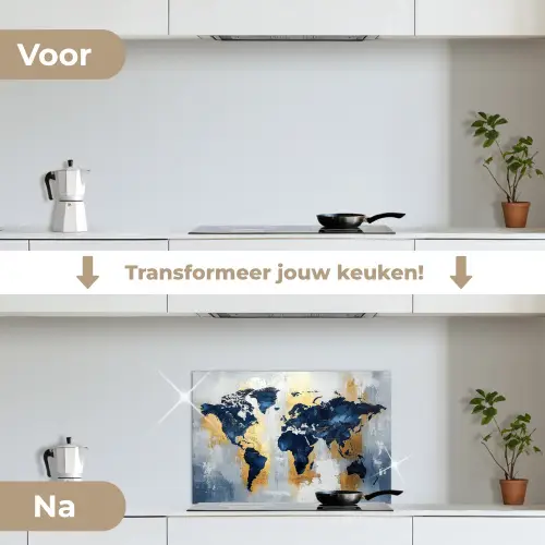 Wereldkaart - Blauw - Abstract keuken achterwand spatscherm klein -voor_na_NL