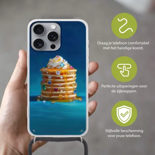 Pannenkoeken - Steentjes - Glitter - Slagroom Hoesje iPhone 16 Pro Max met koord klein -sfeer2_NL