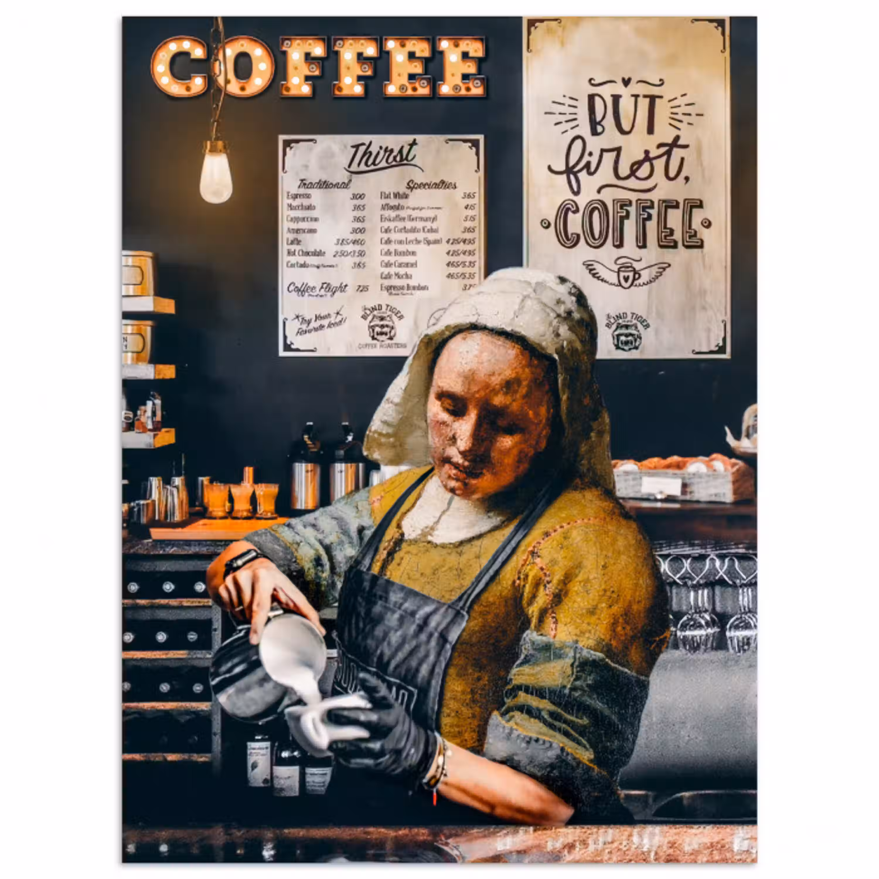 Melkmeisje - Barista - Koffie - Vintage - Kunst - Abstract - Schilderij - Oude meesters poster papier klein -3d
