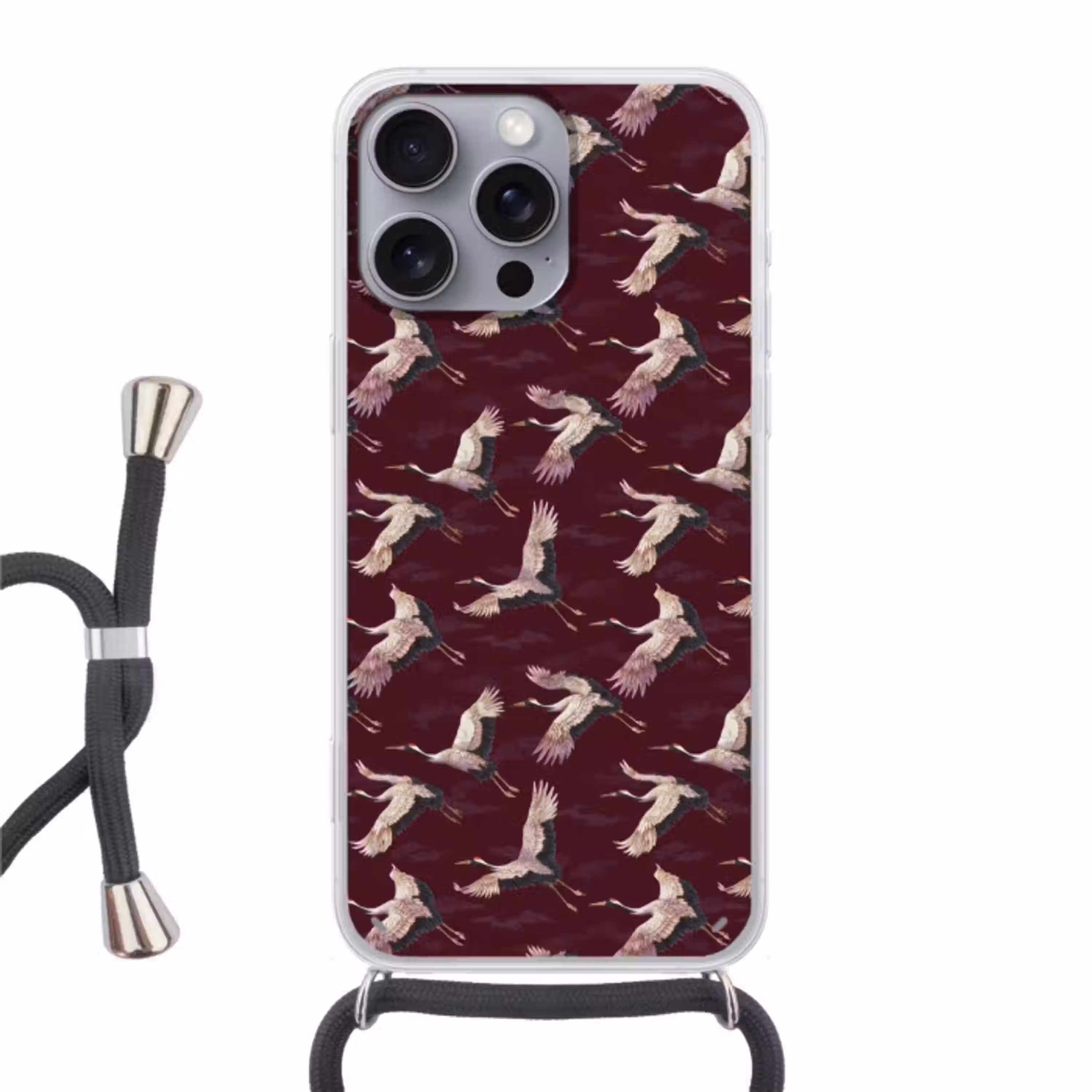 Kraanvogels - Klassiek - Bordeaux Hoesje iPhone 16 Pro Max met koord klein 804 -3d