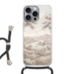 Rivierlandschap - Bergen - Natuur - Vintage - Beige Hoesje iPhone 16 Pro Max met koord klein -3d