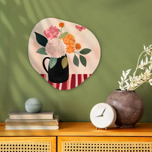 Vaas - Bloemen - Vlinder - Rood Wandcirkel Organisch Forex 3mm klein -sfeer2